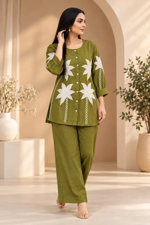Olive_Green_Cotton_Full_Sleeve_Kurta_Pant_Set_For_Women