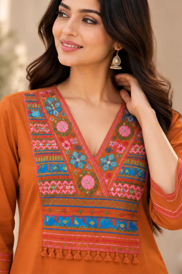 Orange_Cotton_V-Neck_Co-Ord_Set_For_Women