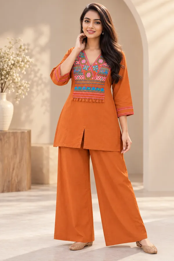 Orange_Cotton_V-Neck_Co-Ord_Set_For_Women