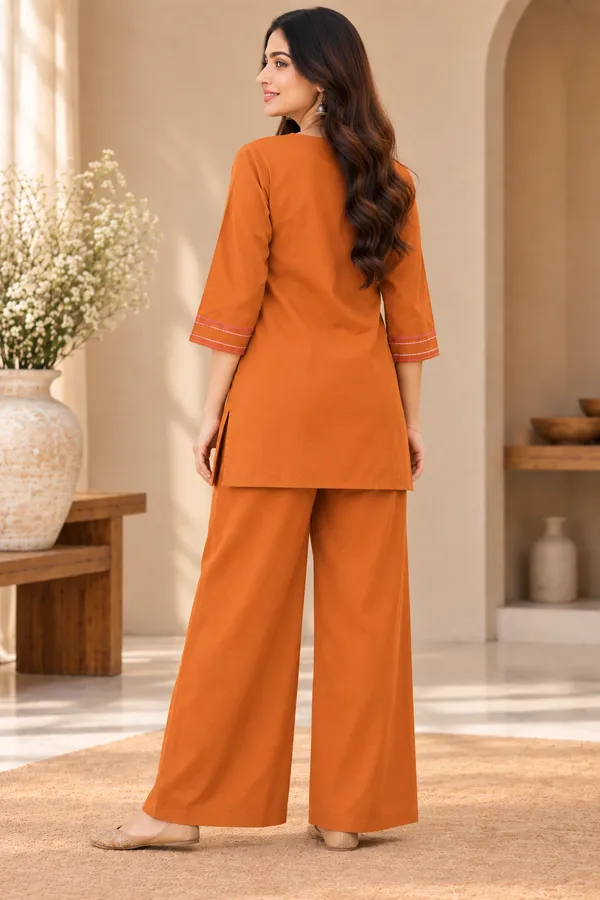 Orange_Cotton_V-Neck_Co-Ord_Set_For_Women