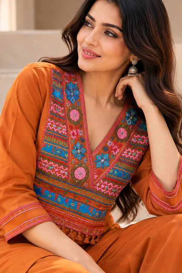 Orange_Cotton_V-Neck_Co-Ord_Set_For_Women