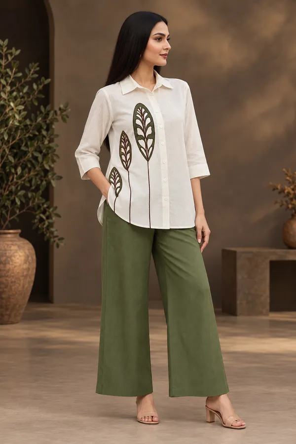 White_Olive_Green_Cotton_Co-Ord_Set_For_Women