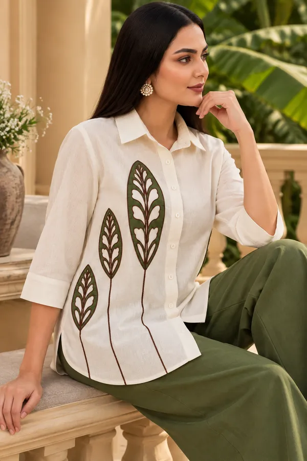 White_Olive_Green_Cotton_Co-Ord_Set_For_Women