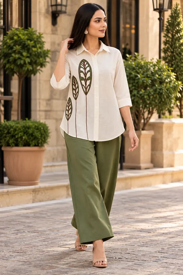 White_Olive_Green_Cotton_Co-Ord_Set_For_Women