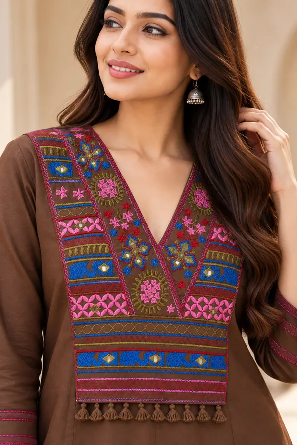 Brown_Cotton_V-Neck_Co-Ord_Set_For_Women
