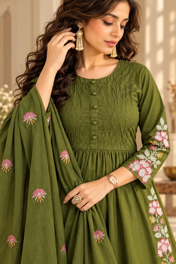 Olive_Green_Cotton_3_Piece_Long_Set_For_Women