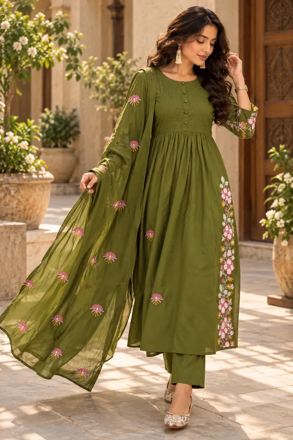 Olive_Green_Cotton_3_Piece_Long_Set_For_Women
