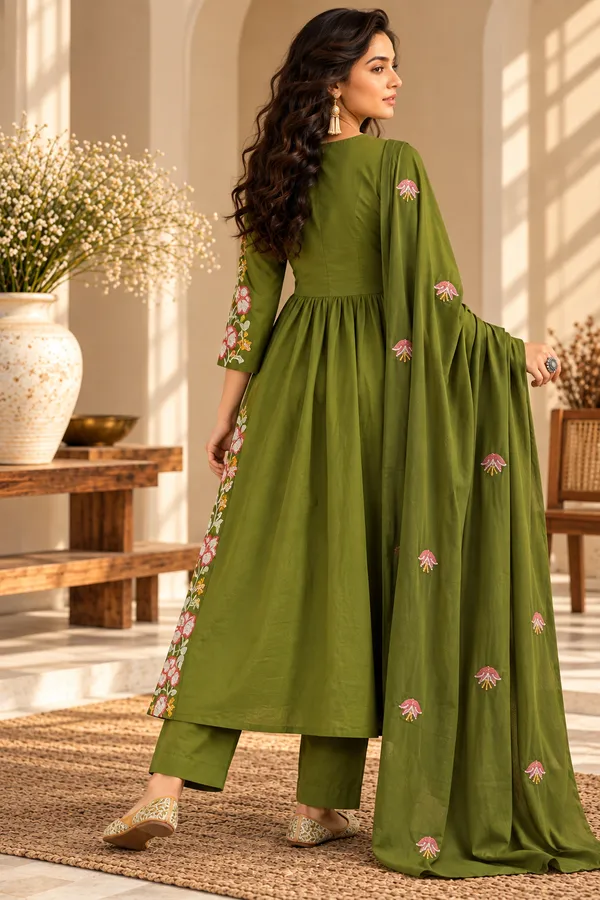 Olive_Green_Cotton_3_Piece_Long_Set_For_Women