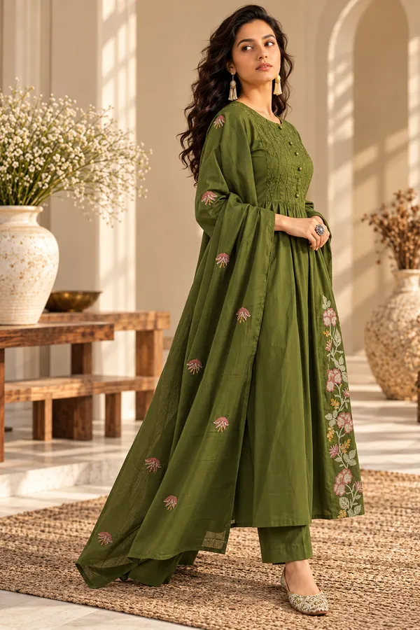 Olive_Green_Cotton_3_Piece_Long_Set_For_Women