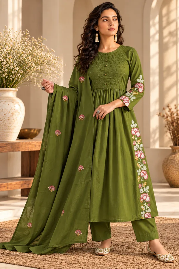 Olive_Green_Cotton_3_Piece_Long_Set_For_Women