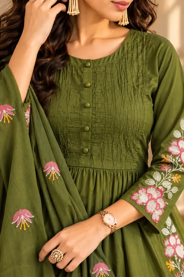 Olive_Green_Cotton_3_Piece_Long_Set_For_Women