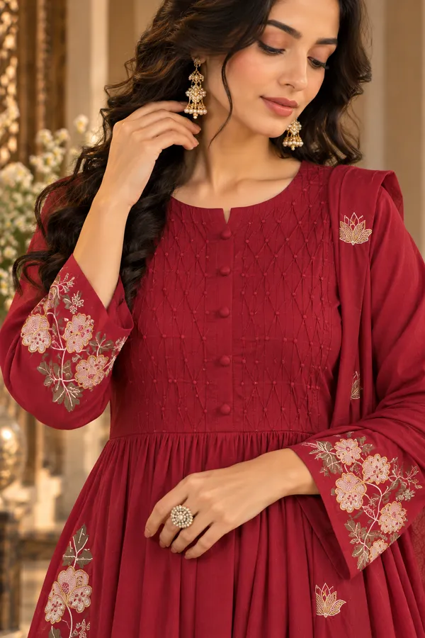 Maroon_Cotton_3_Piece_Long_Set_For_Women