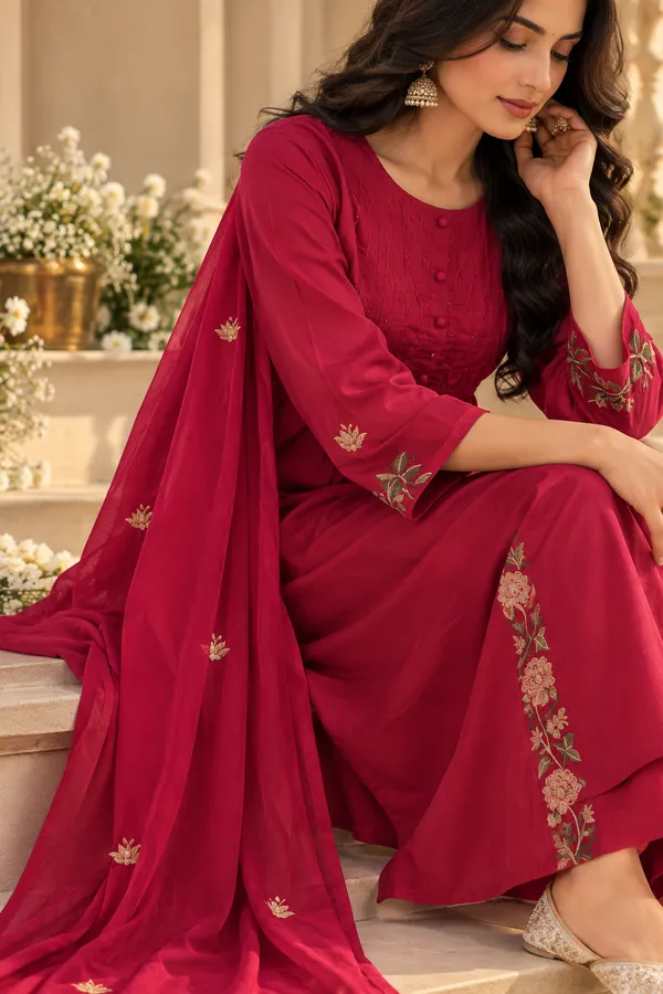 Maroon_Cotton_3_Piece_Long_Set_For_Women