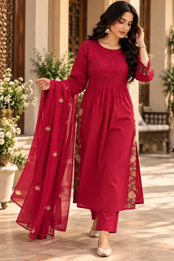 Maroon_Cotton_3_Piece_Long_Set_For_Women