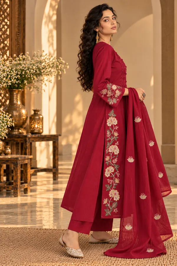 Maroon_Cotton_3_Piece_Long_Set_For_Women