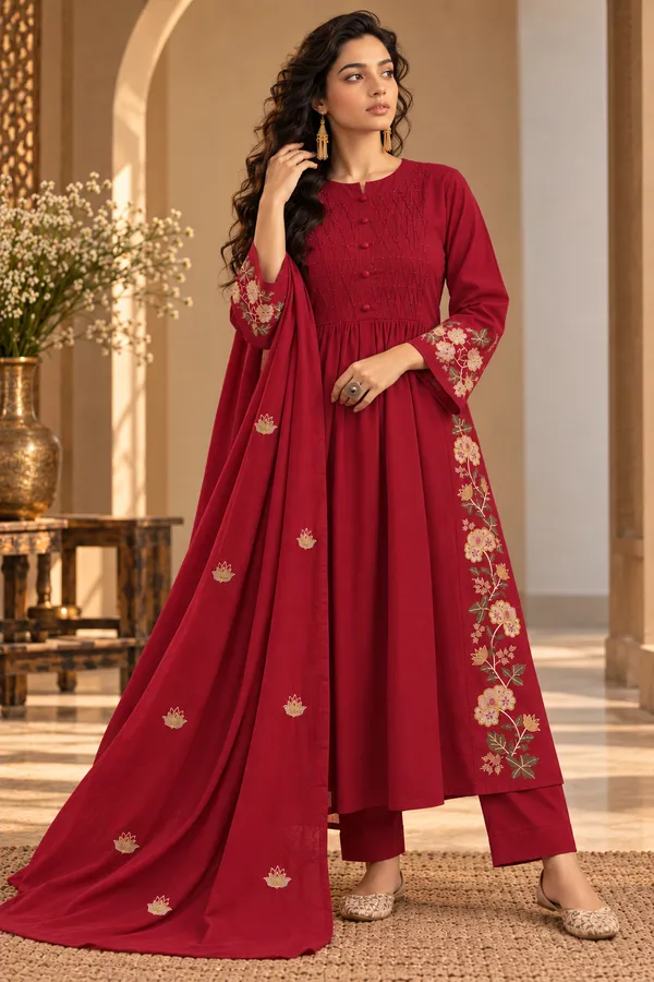Maroon_Cotton_3_Piece_Long_Set_For_Women