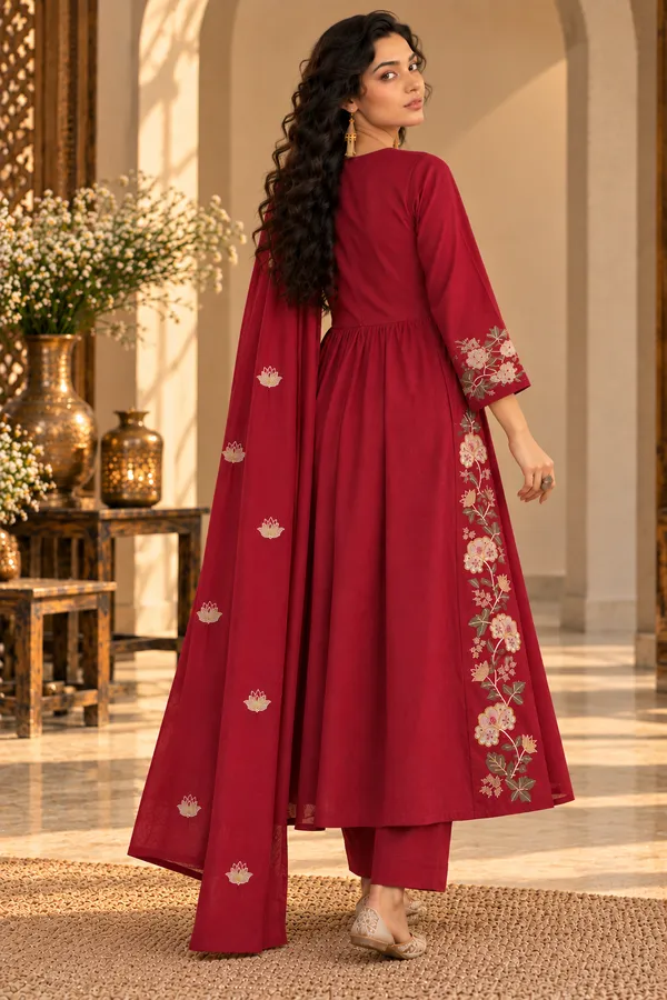 Maroon_Cotton_3_Piece_Long_Set_For_Women
