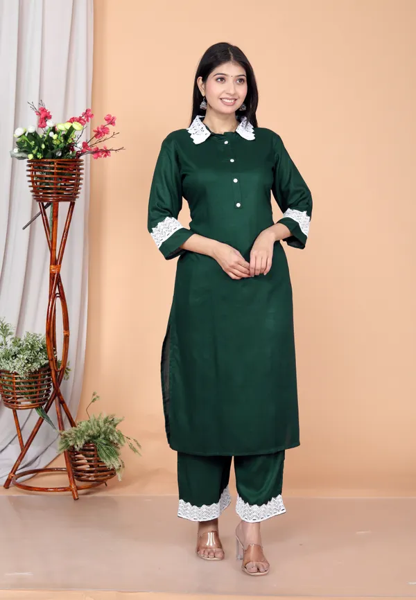 Dark_Green_Rayon_Ethnic_Kurta_And_Pant_Set_For_Women