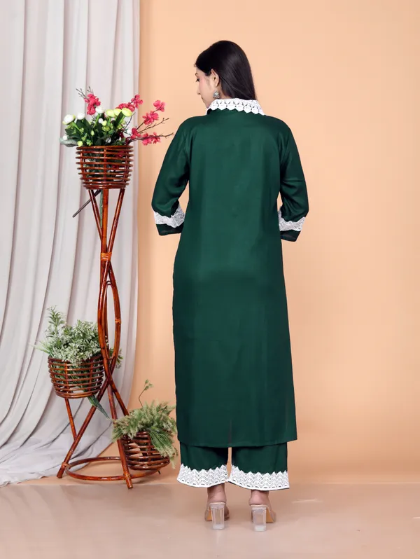 Dark_Green_Rayon_Ethnic_Kurta_And_Pant_Set_For_Women
