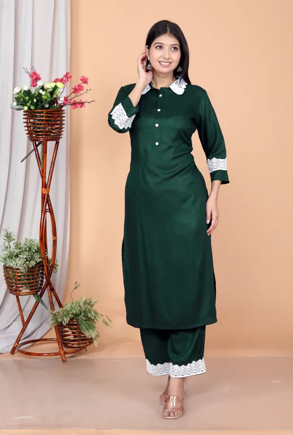 Dark_Green_Rayon_Ethnic_Kurta_And_Pant_Set_For_Women