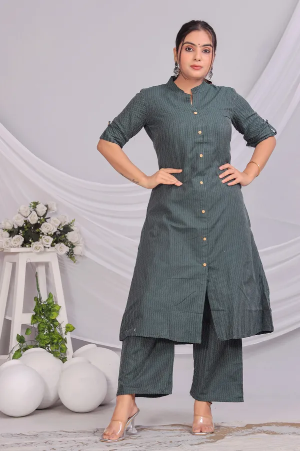 Green_Khadi_Cotton_Ethnic_Kurta_And_Pant_Set_For_Women