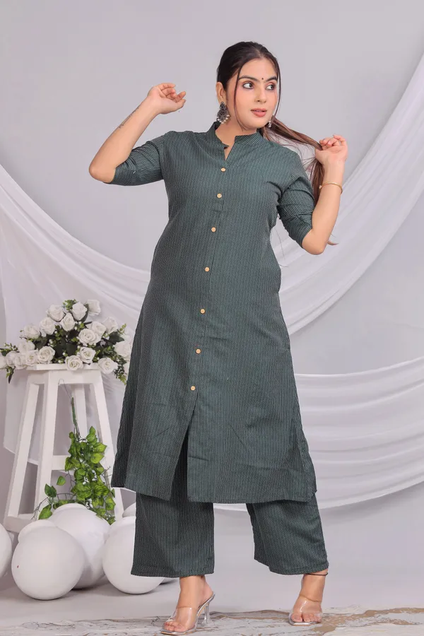 Green_Khadi_Cotton_Ethnic_Kurta_And_Pant_Set_For_Women