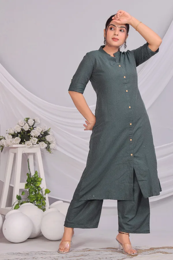 Green_Khadi_Cotton_Ethnic_Kurta_And_Pant_Set_For_Women