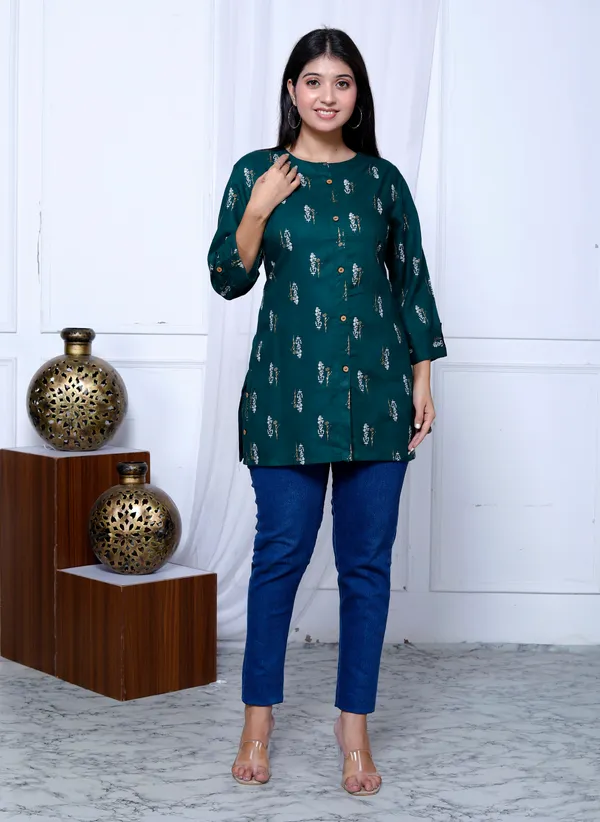 Green_Printed_Top/Short_Kurti_For_Women