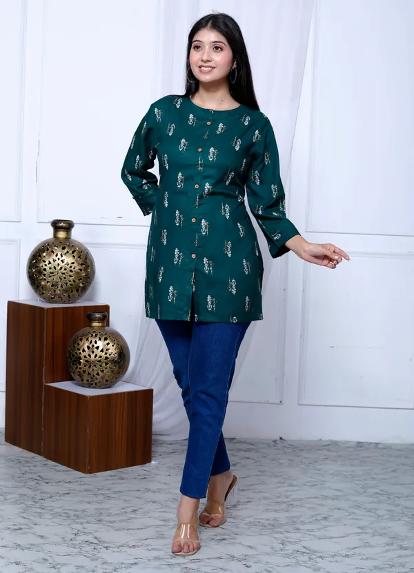Green_Printed_Top/Short_Kurti_For_Women