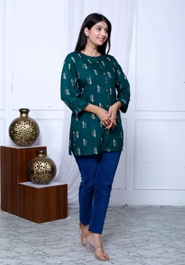 Green_Printed_Top/Short_Kurti_For_Women