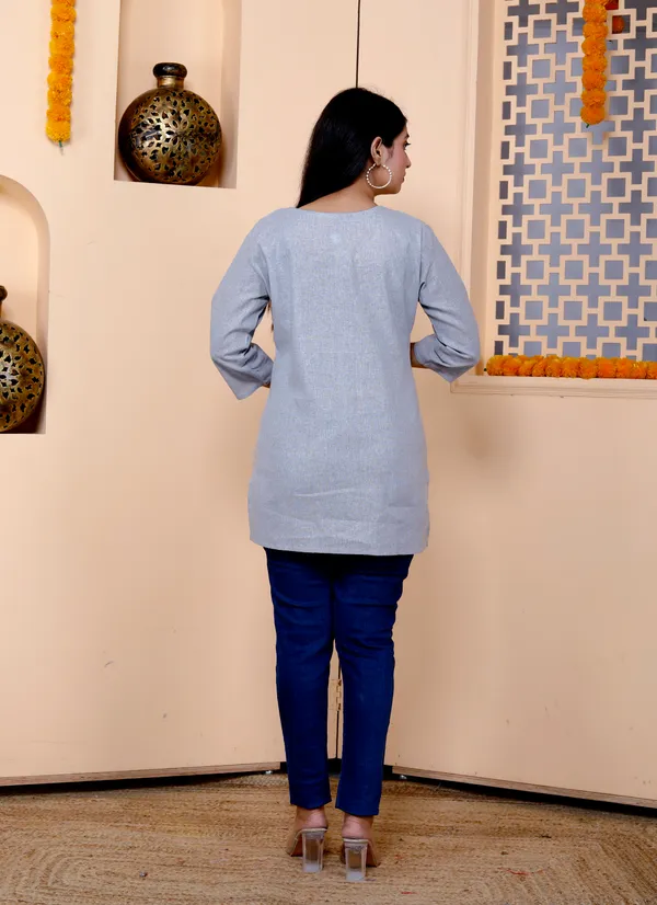Grey_Khadi_Cotton_Embroidery_Top/Short_Kurti_For_Women