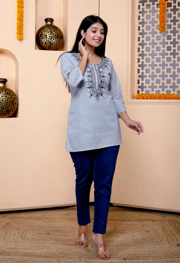 Grey_Khadi_Cotton_Embroidery_Top/Short_Kurti_For_Women