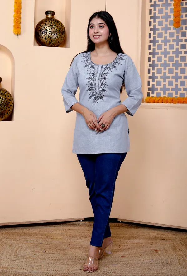Grey_Khadi_Cotton_Embroidery_Top/Short_Kurti_For_Women