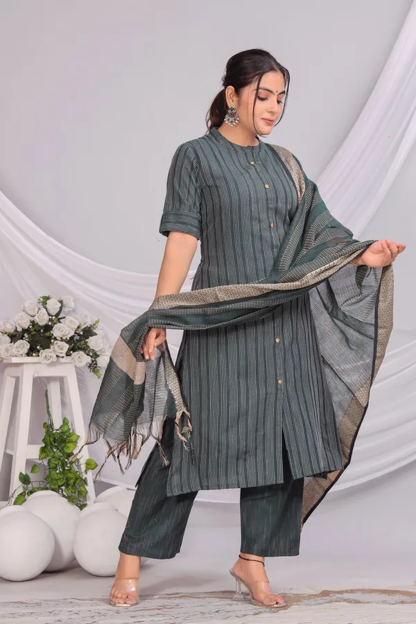 Green_Khadi_Cotton_Kurta_And_Pant_Set_With_Dupatta