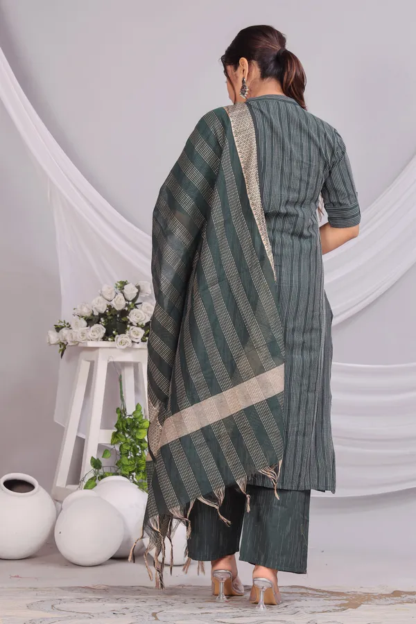 Green_Khadi_Cotton_Kurta_And_Pant_Set_With_Dupatta