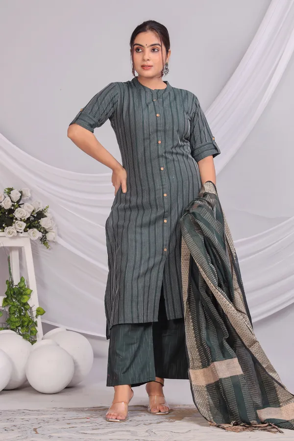 Green_Khadi_Cotton_Kurta_And_Pant_Set_With_Dupatta