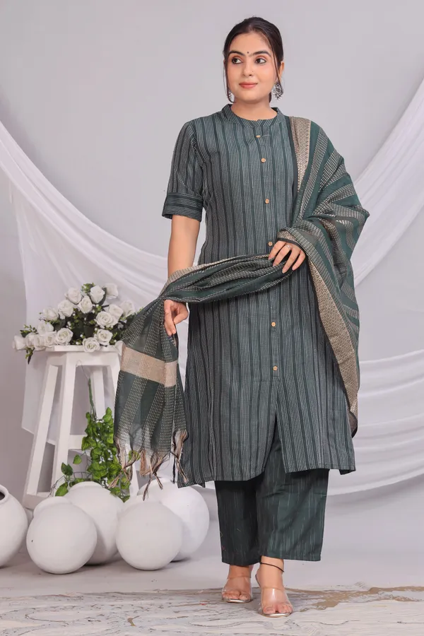 Green_Khadi_Cotton_Kurta_And_Pant_Set_With_Dupatta