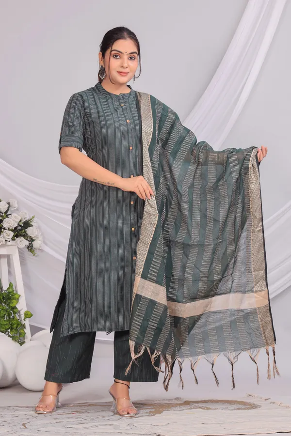Green_Khadi_Cotton_Kurta_And_Pant_Set_With_Dupatta