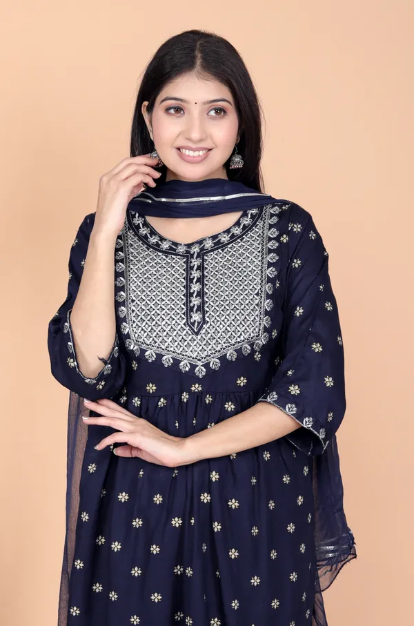 Blue_Rayon_Embroidery_Kurta_Pant_Dupatta_Set_For_Women