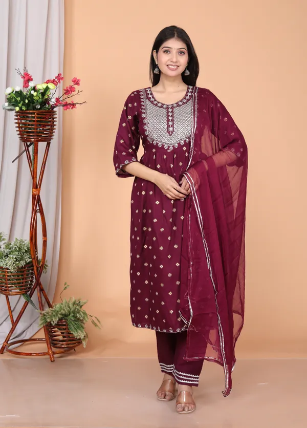 Maroon_Rayon_Embroidery_Kurta_Pant_Dupatta_Set_For_Women