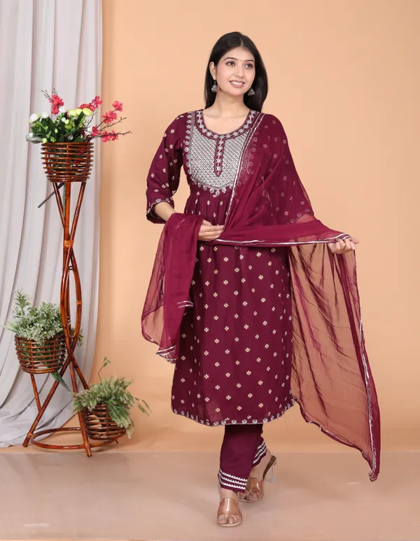 Maroon_Rayon_Embroidery_Kurta_Pant_Dupatta_Set_For_Women