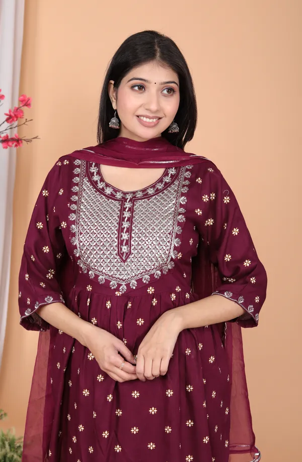 Maroon_Rayon_Embroidery_Kurta_Pant_Dupatta_Set_For_Women