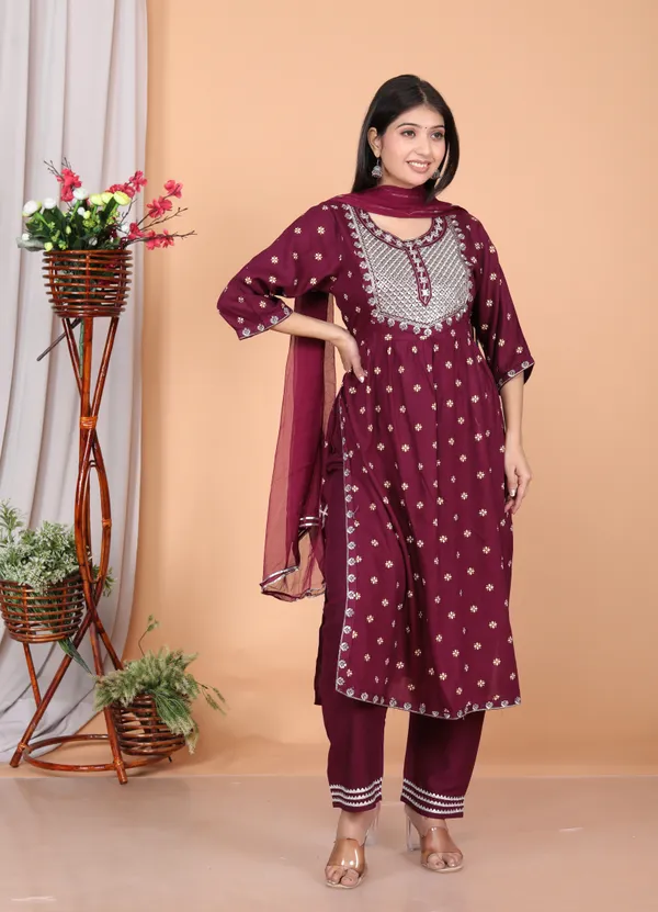 Maroon_Rayon_Embroidery_Kurta_Pant_Dupatta_Set_For_Women