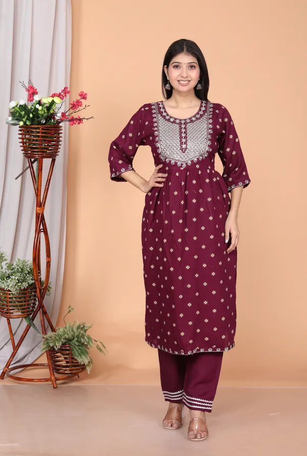 Maroon_Rayon_Embroidery_Kurta_Pant_Dupatta_Set_For_Women