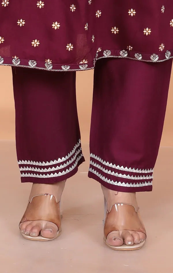 Maroon_Rayon_Embroidery_Kurta_Pant_Dupatta_Set_For_Women