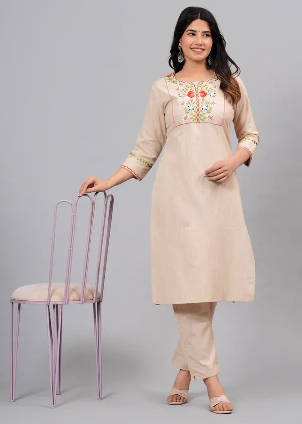 Beige_Embroidery_Kurta_Pant_Set_For_Women_&_Girls