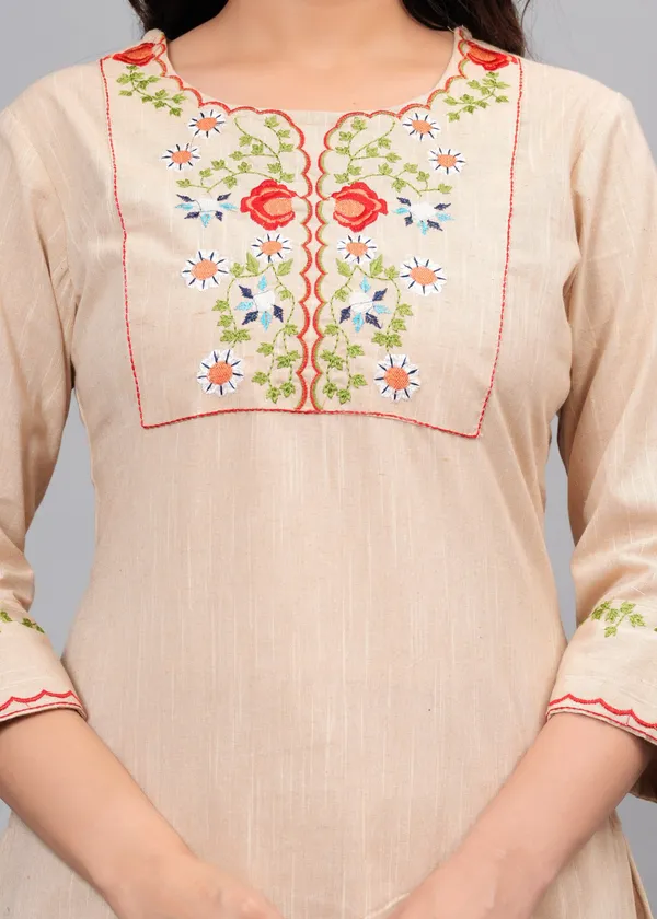 Beige_Embroidery_Kurta_Pant_Set_For_Women_&_Girls