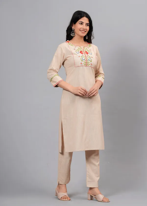 Beige_Embroidery_Kurta_Pant_Set_For_Women_&_Girls