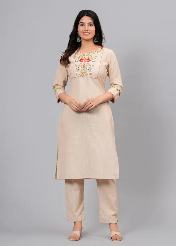 Beige_Embroidery_Kurta_Pant_Set_For_Women_&_Girls