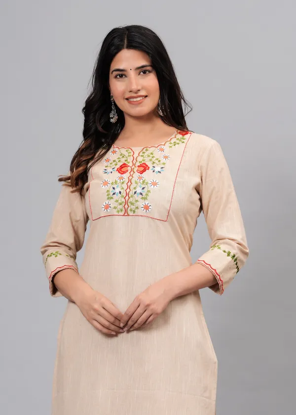 Beige_Embroidery_Kurta_Pant_Set_For_Women_&_Girls